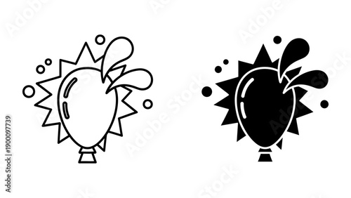 Black and white vector icon illustration depicting a water balloon exploding with a splash, surrounded by zigzag lines and droplets, presented in both outline and solid glyph styles