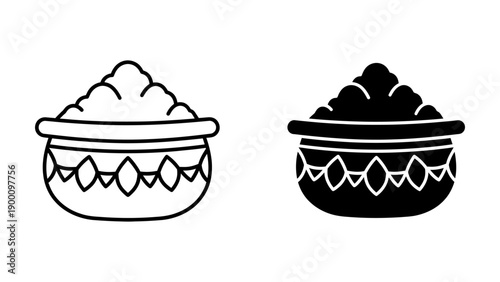 Traditional Indian pot (Kalash or Matka) filled with offering, featuring decorative patterns, presented as a dual black outline and solid glyph icon for Hindu festival design elements.