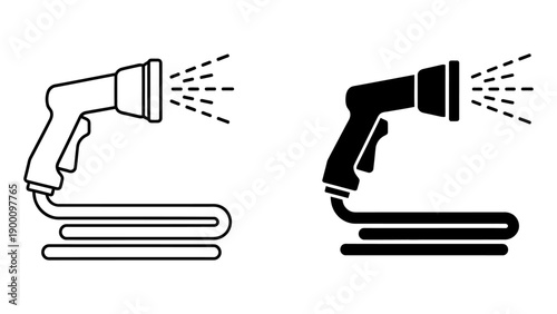 Garden Hose Spray Nozzle Icon Set, Outline and Solid Style, Representing Watering, Cleaning, and Irrigation Tools on White Background