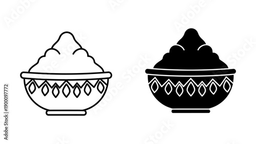 Black and white vector icon set showing a bowl filled with a conical mound of powder, Gulal for the Hindu Holi festival or a traditional Purnakumbha ritual symbol, isolated on white background.
