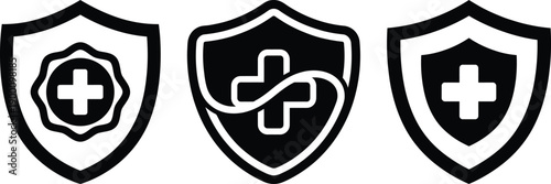 Healthcare Protection Shield Icons Set – Medical Safety Cross Vector Symbols