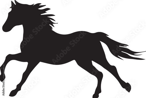 black horse silhouette running galloping dynamic motion equine animal athletic icon isolated background.