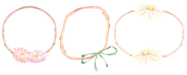 Watercolor Daisy Floral Wreath Set with Ribbon, Hand Painted Spring Frames
Set of three delicate watercolor floral wreaths with daisies and ribbon. Hand painted botanical frames in soft pastel colors,