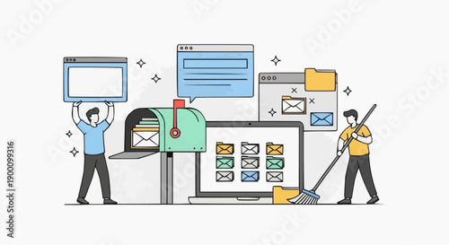 Two people managing digital communication organizing emails and messages on a large screen with envelopes and a mailbox