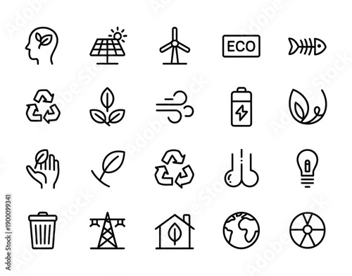 Collection of vector icons representing sustainability and eco-friendly concepts