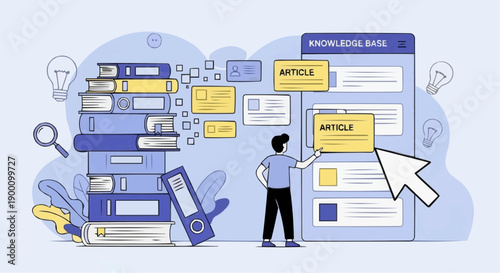 Man accessing digital knowledge base surrounded by books and documents with articles and cursor icon