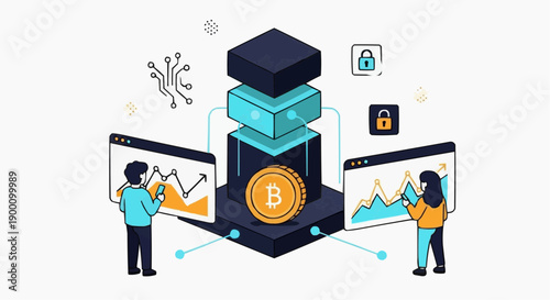 People analyzing bitcoin data on screens with secure blockchain technology and graphs