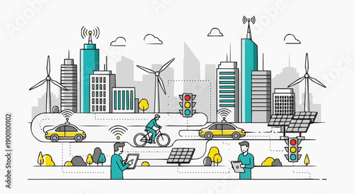 Sustainable cityscape with renewable energy sources eco friendly transportation and modern architecture in a vibrant futuristic