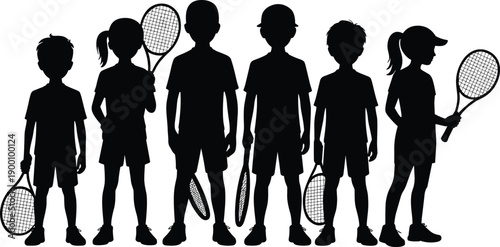 Children tennis player silhouettes standing together isolated on white background, boys girls sports team concept, black vector illustration design