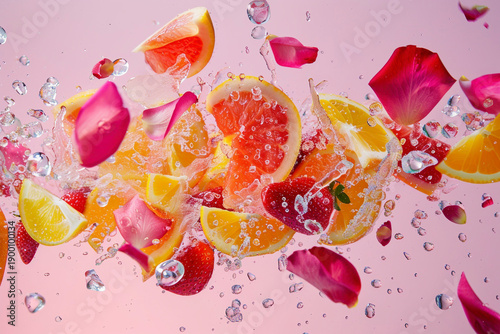 A vibrant splash of citrus fruits and rose petals against a pink background, capturing a refreshing and lively essence.