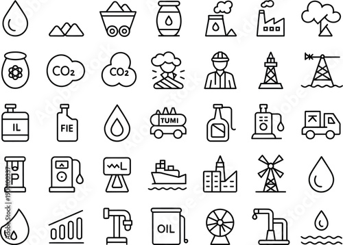 Collection of vector icons related to oil, gas, and energy industries.
