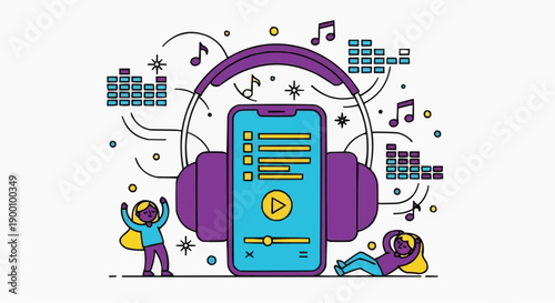 Vibrant illustration of people enjoying music with headphones and smartphone