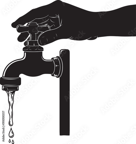 Hand turning faucet handle with water dripping also transparent background black