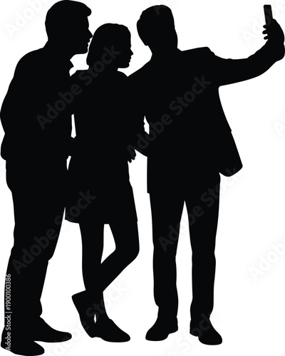 Group of friends silhouettes taking selfie isolated on white background, social media lifestyle concept, people posing together, black vector illustration