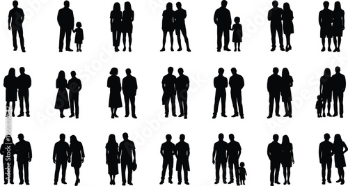 People couple and family silhouettes standing together isolated on white background, relationship diversity concept, black vector illustration collection design