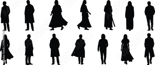 people, silhouettes, walking, coats, fashion, winter, autumn, men, women, clothing, lifestyle, urban, black, white, cad, drawing, flat, vector, illustration, set