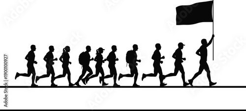 Runners,Running,Silhouette,Marathon,Race,Team,Leadership,Flag,Finish,Endurance,Competition,Sport,Energy,Movement,People,Human,Figures,Black,White,Isolated