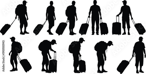 Traveler,People,Silhouette,Luggage,Suitcase,Backpack,Journey,Travel,Trip,Walking,Standing,Movement,Transport,Airport,Passenger,Human,Figures,Black,White,Isolated