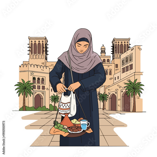 Woman in traditional Middle Eastern clothing serving food on a street