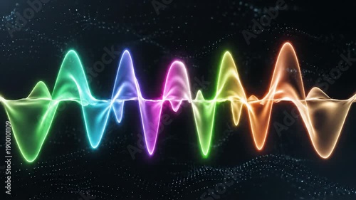 Abstract colorful sound wave visualizer flowing across dark background with dotted elements animated backdrop for graphic design and creative projects