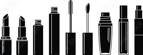 Set of black silhouette cosmetic icons showing lipsticks, mascara, lip gloss, foundation pump, spray bottles, and cylindrical containers