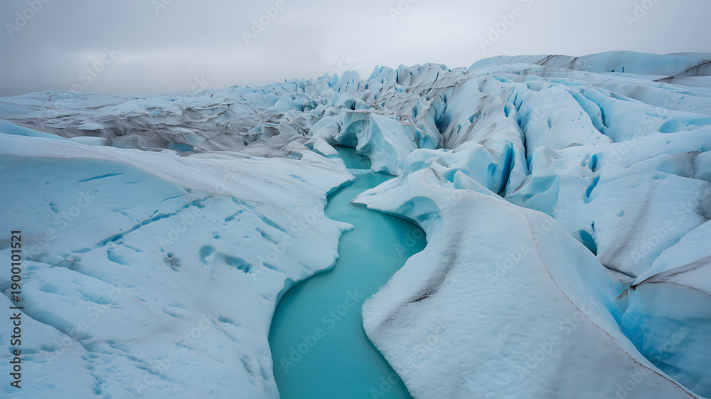 Obraz premium Aerial view of a vast, bright blue glacial river flowing through textured ice formations