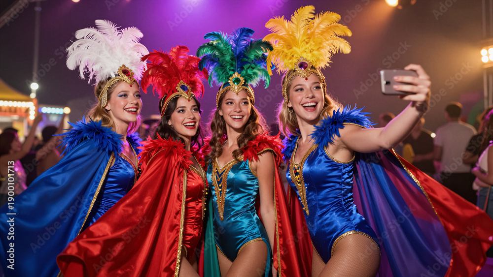 Naklejka premium Four women in colorful feathered carnival costumes take a selfie together at night with soft focus background.