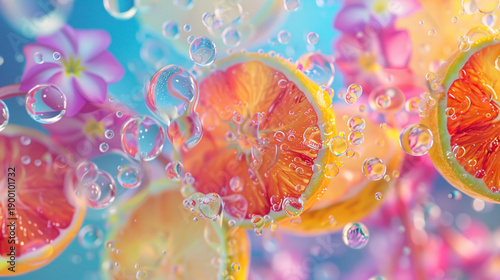 A vibrant underwater scene featuring orange slices surrounded by bubbles and flowers, creating a refreshing and colorful atmosphere.