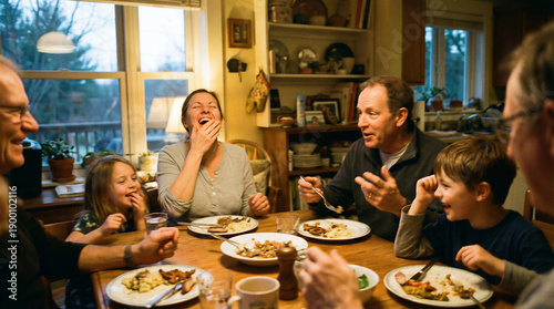 Photorealistic spontaneous laughter at family dinner, imperfect composition with genuine gestures