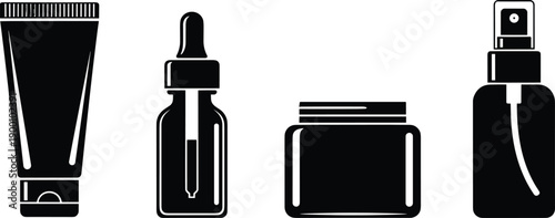Black Silhouette Icon Set of Cosmetic and Skincare Containers Including Squeeze Tube, Dropper Bottle, Cream Jar, and Spray Bottle