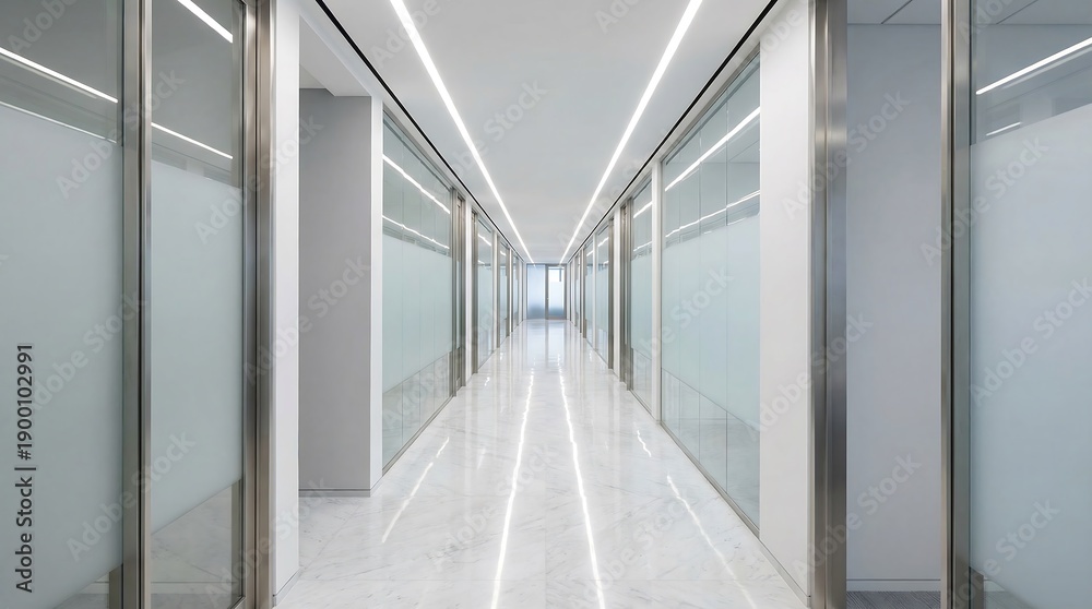 Obraz premium Long empty office corridor with glass walls, frosted panels, and bright linear LED ceiling lights, modern corporate interior