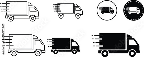 "Black and white delivery truck icon collection featuring speed lines, outlined and filled designs, and circular badge styles for logistics, shipping, and branding projects"