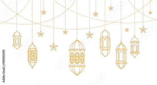 Gold lanterns and hanging decorations set with intricate patterns isolated on transparent background