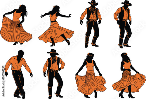 Black and orange vector illustration set of cowboys and women in traditional western attire performing folk dance steps for country music and square dancing concepts