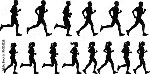 Collection of fourteen silhouettes showing men and women running and jogging in various athletic poses, fitness and marathon training, isolated