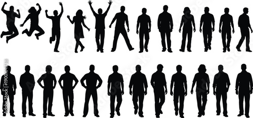 Large collection of diverse people silhouettes featuring men and women standing, walking, jumping, and celebrating, isolated on white background, vector
