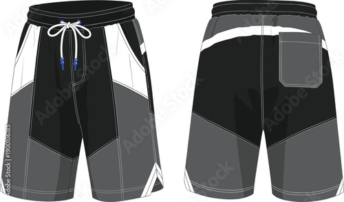 Technical Fashion Flat Sketch Vector Illustration of Men Athletic Board Shorts Showing Front and Back Views with Color Block Design and Drawstring Waist Detail
