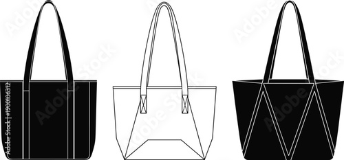 Technical fashion sketch of tote bag templates featuring front views of canvas shopping bags with various strap attachments and pocket details for product mockup