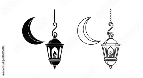 Ornate Islamic Hanging Lantern and Crescent Moon for Ramadan Celebration Vector