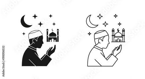 Muslim Man Praying Icon with Mosque and Crescent Moon. Islamic Worship Symbol Vector.