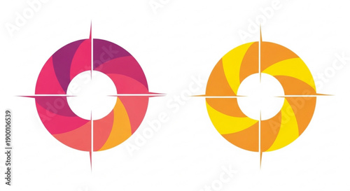 A colorful vector graphic illustration of two camera aperture icons in different hues on a white background
