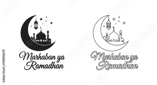 Marhaban ya Ramadhan Greeting with Mosque and Crescent. Islamic Festival Design Vector.