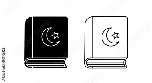 Holy Quran Book Icon with Crescent and Star Symbol. Islamic Religious Text Vector.