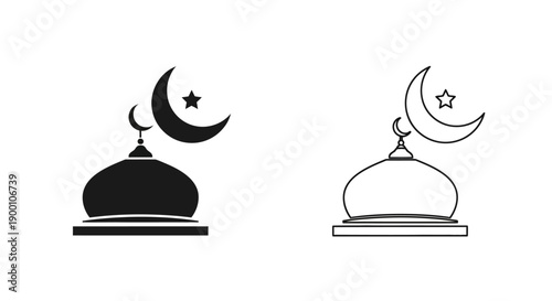 Black and White Mosque Dome Icon with Crescent Moon and Star for Islamic Faith