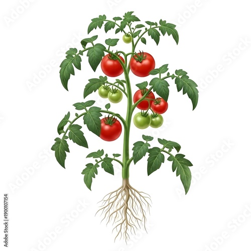 Tomato plant with red and green tomatoes and roots