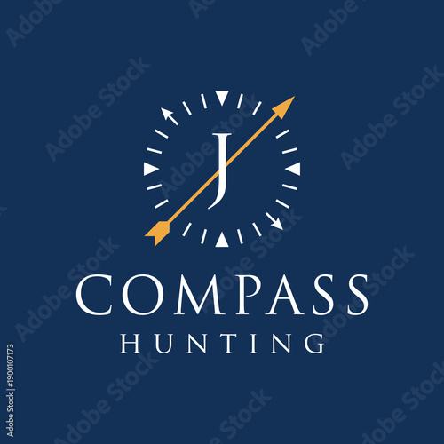 Initial letter J compass sun clock hunting logo design 