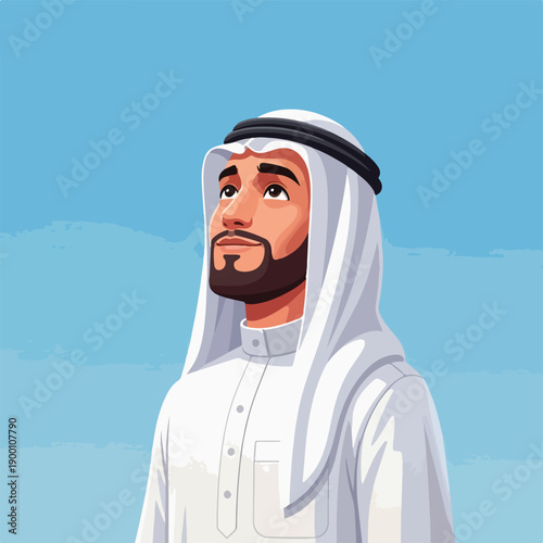 Man in traditional Middle Eastern attire looking up at a blue sky