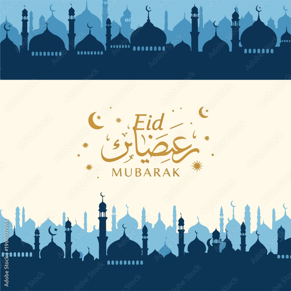 Obraz premium Eid Mubarak festive greeting card with mosque silhouette