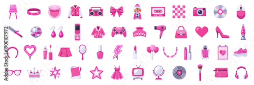 Big pink objects collection, assorted 50 pink illustrations with Retro Barbiecore Icons with Glam Fashion, Y2K Tech, Media, Beauty, Cosmetics and Neon Pop Decor for love and valentines day