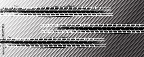 Black tire marks on road, Black rubber tire marks and tread marks, Tire trace track wheels texture and background, Auto tire tread grunge, Car wheel tyre tread track black tyre print, Top view.